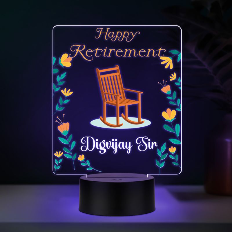 Personalized Happy Retirement LED Night Lamp with Rocking Chair Design, Color Changing Acrylic Light with Black Base Retirement Gift for Grandfather, Dad & Teacher